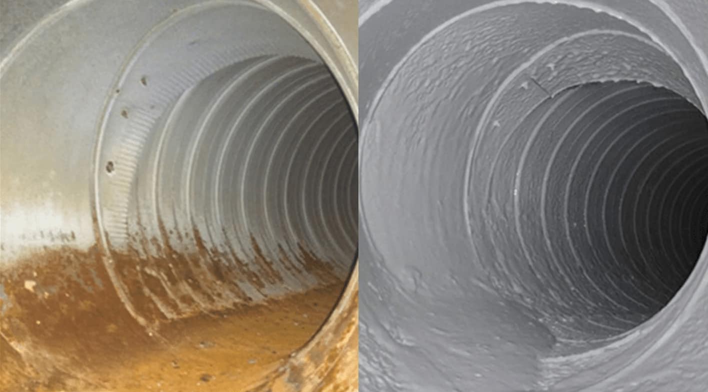 The same round duct interior before and after cleaning