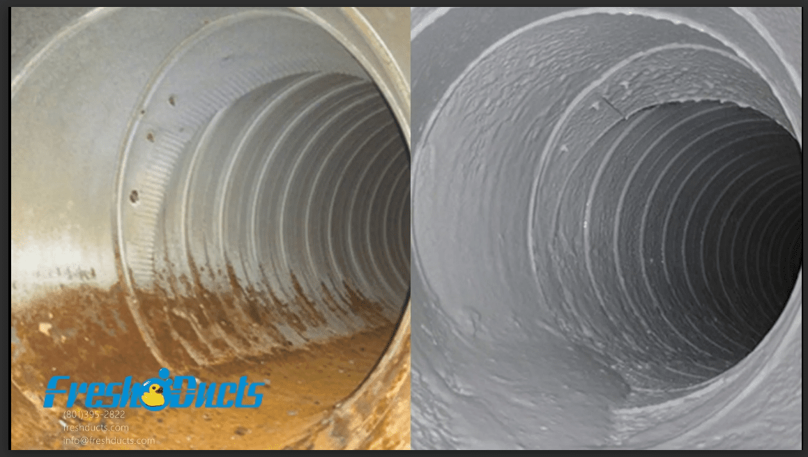 A round duct interior before and after a protective coating was applied